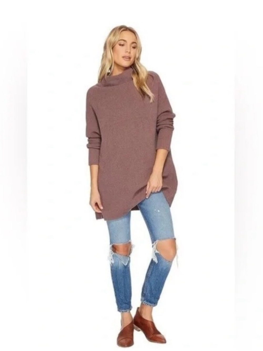 Free People Slouchy Cowl-Neck Tunic Sweater in Mauve Brown